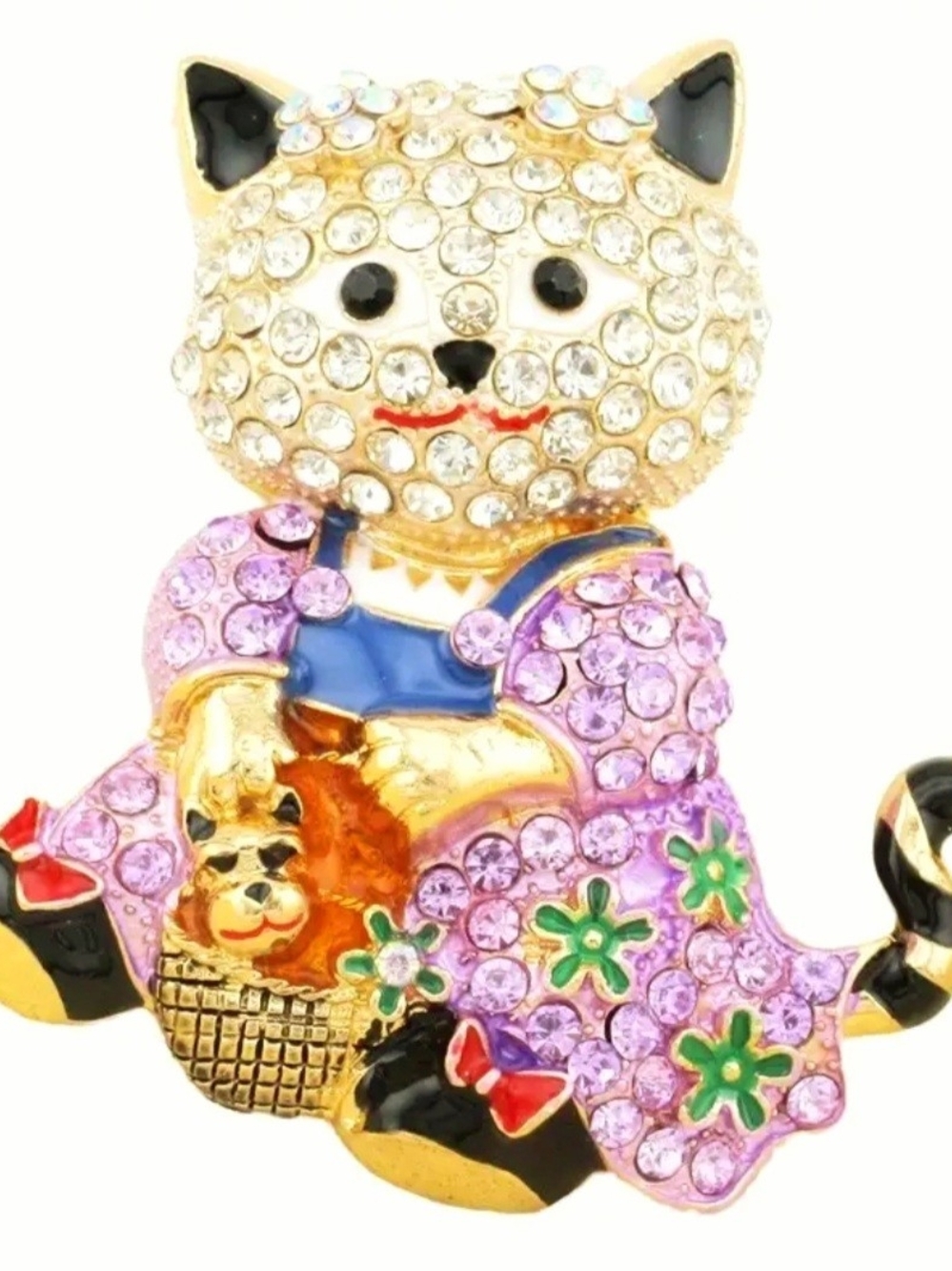 Crystal Cat Pin Brooch in Purple and Gold - Dog In Basket